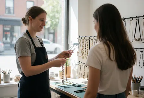 A saleswoman displays jewelry items to a customer inside a retail store, with necklaces and chains visible in a display case under natural lighting.