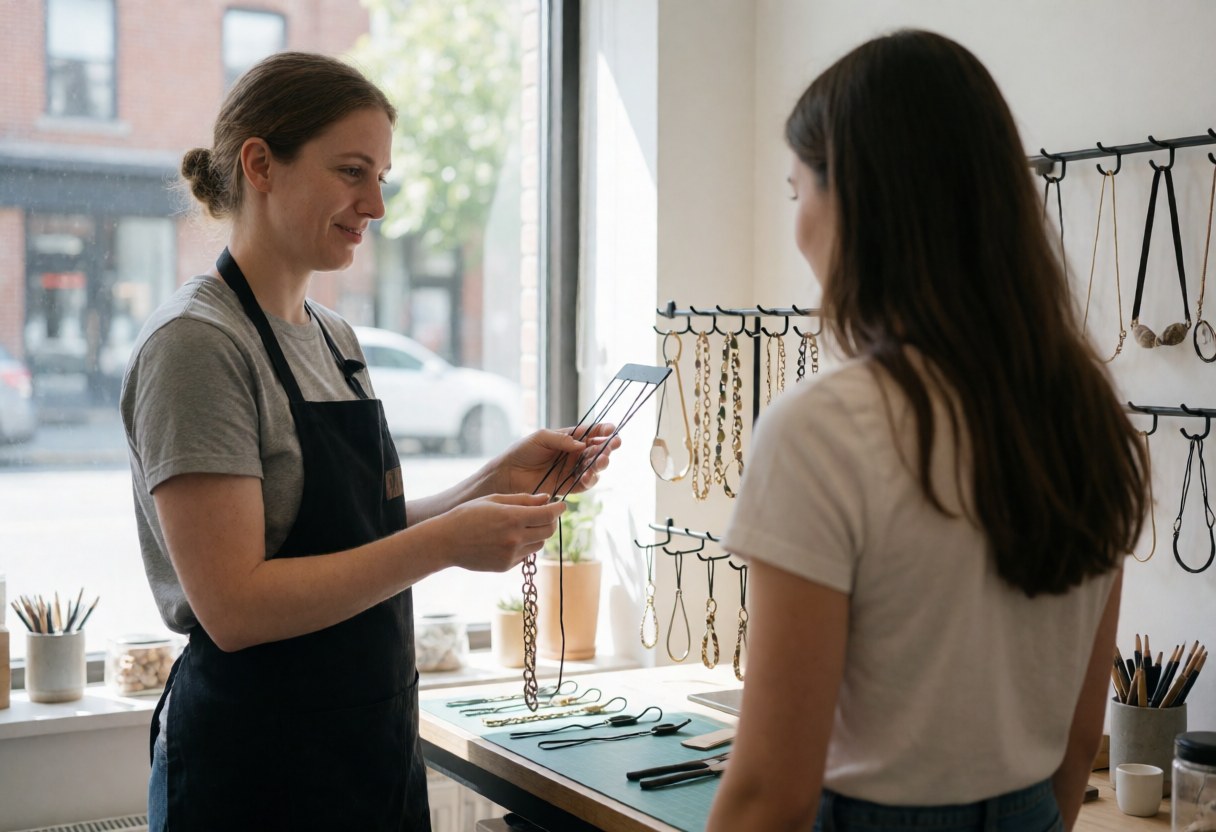 A saleswoman displays jewelry items to a customer inside a retail store, with necklaces and chains visible in a display case under natural lighting.