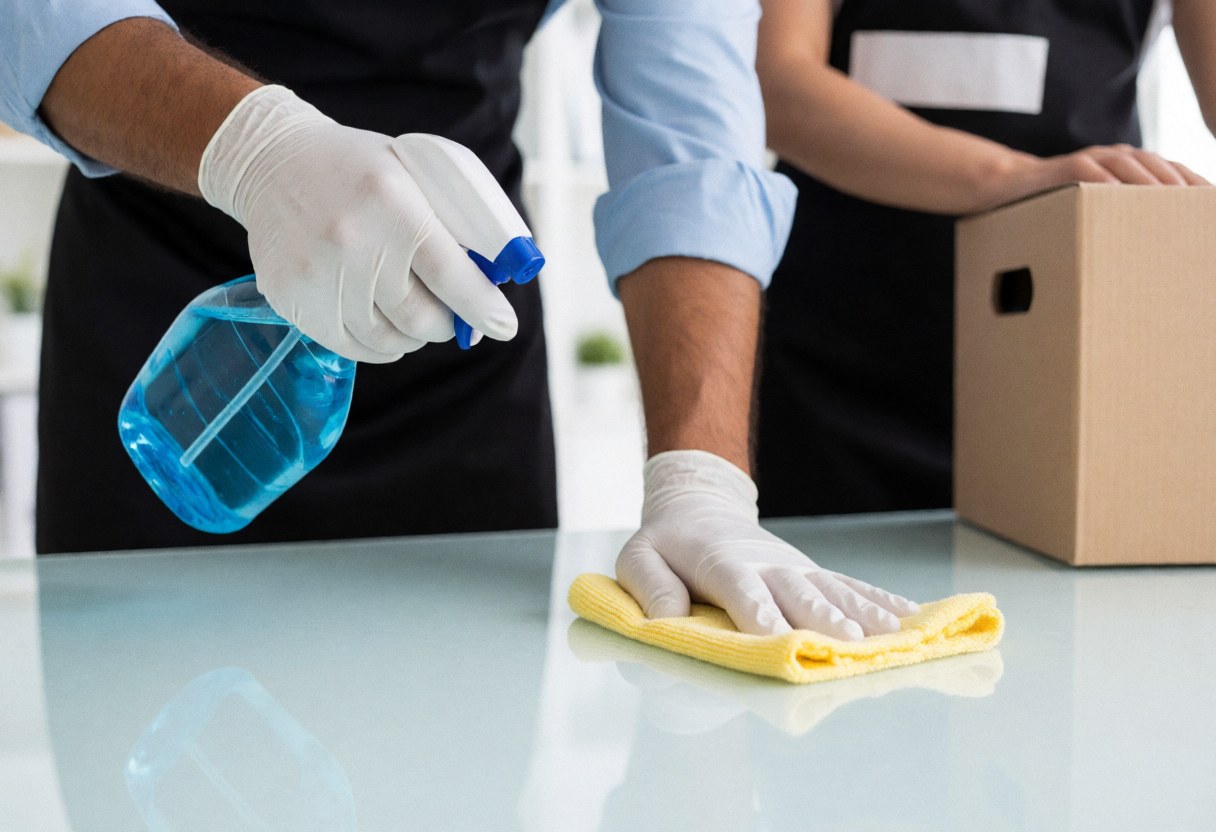 A close-up view of gloved hands using a microfiber cloth and spray bottle to clean an office desk surface during a professional cleaning service