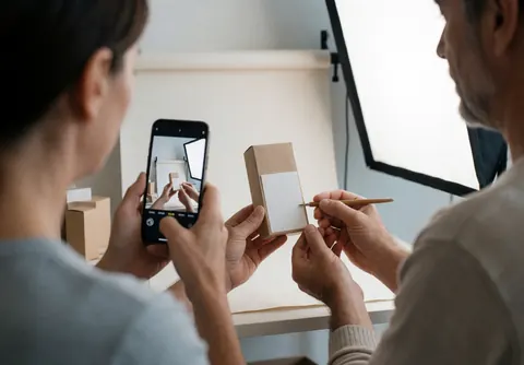 A person photographing products with a smartphone in a home studio setup for an online business