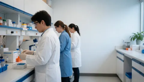 Three professionals in a clinical lab wearing gloves and glasses handle sample tubes on a white bench with blue shelves and natural light.
