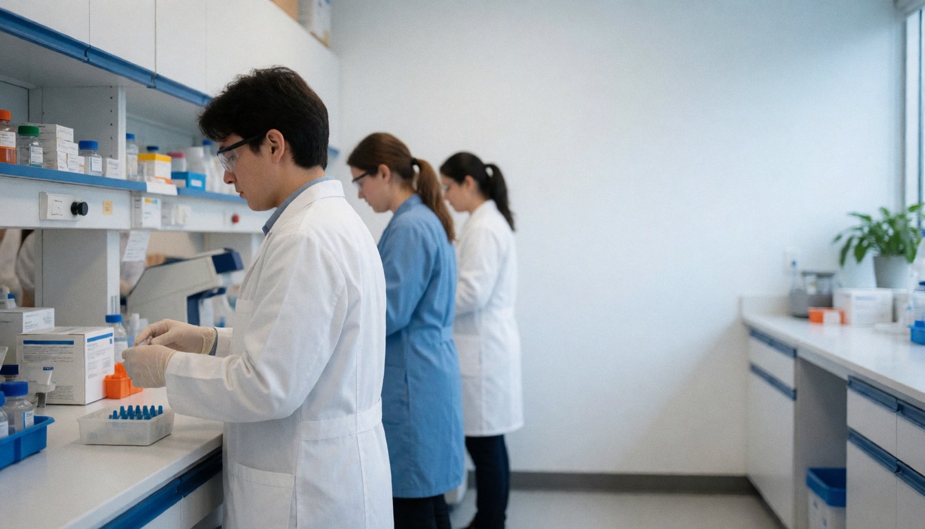 Three professionals in a clinical lab wearing gloves and glasses handle sample tubes on a white bench with blue shelves and natural light.