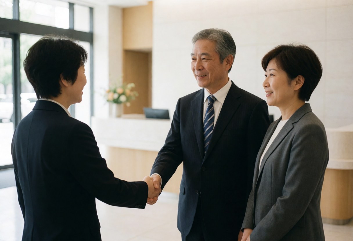 A smiling advisor and client shake hands while signing an insurance agreement in a bright modern office, showing trust and professionalism.