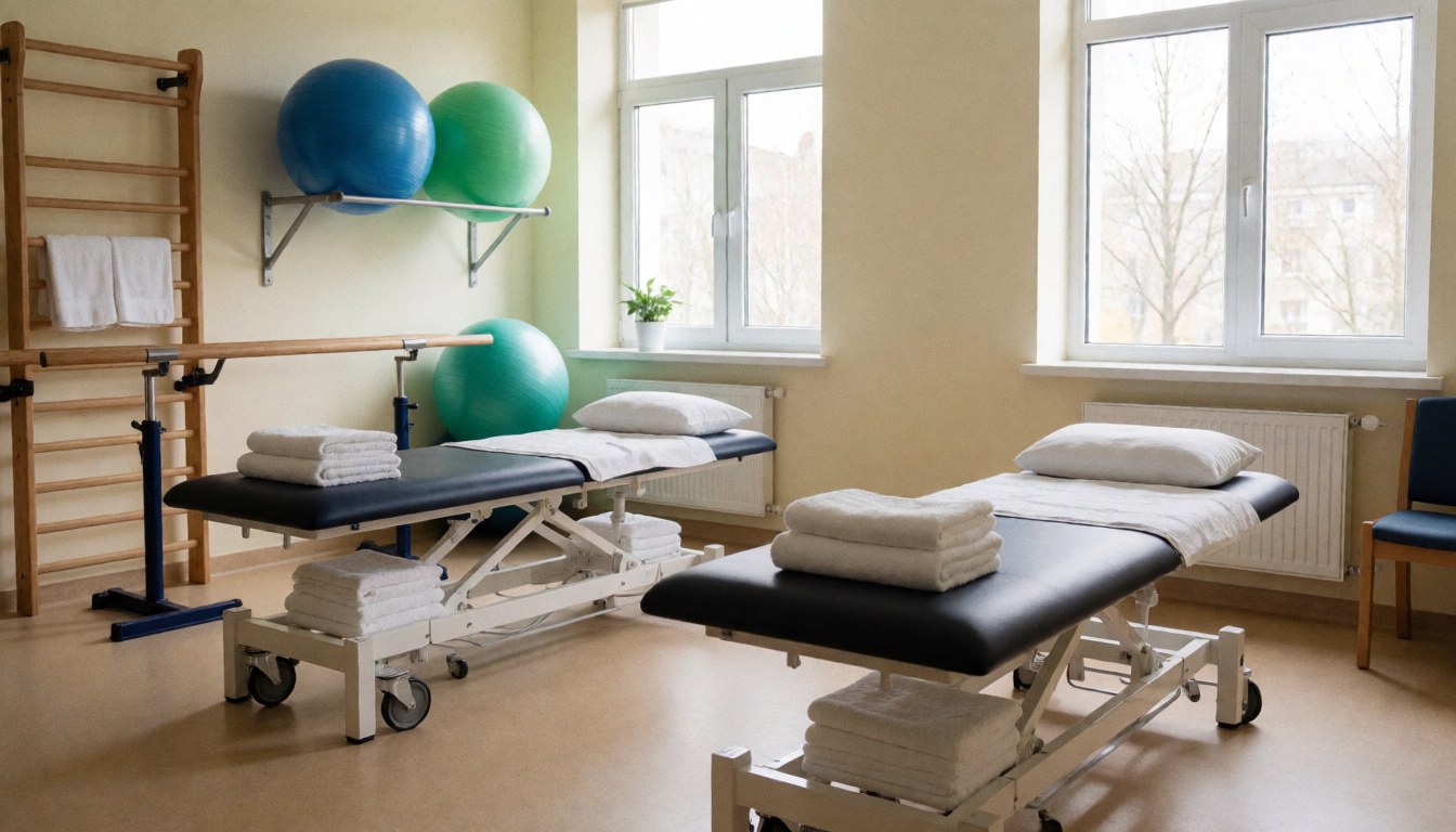 Clean modern physical therapy room featuring two treatment beds, exercise balls, parallel bars, and towels illuminated by natural window light