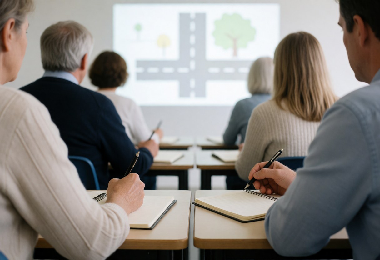 Group of adult students writing in notebooks during a driving theory lesson with a road diagram projected on the wall