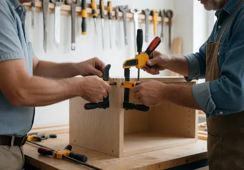 A carpenter working in a workshop, using yellow clamps to assemble a custom light wood cabinet with hanging tools visible on the wall.