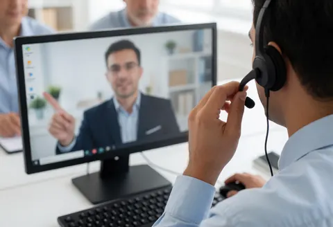 IT support technician wearing a headset working on a computer to assist a remote client in a modern office.