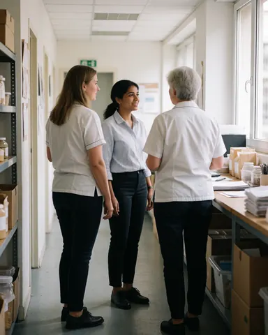 Three female psychologists walking together in a modern office hallway, discussing documents and collaborating in a professional corporate environment with natural light.