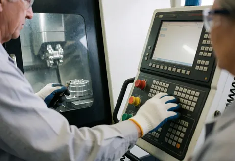 A machinist wearing safety gloves and glasses operates a CNC machine in an industrial workshop with a metal part visible in the window.