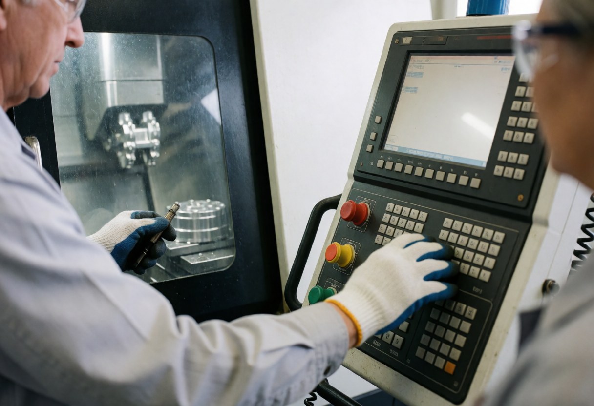 A machinist wearing safety gloves and glasses operates a CNC machine in an industrial workshop with a metal part visible in the window.