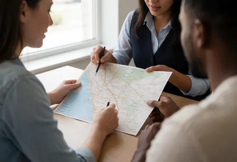 A travel agent and a couple review a physical map on a wooden desk near a window with natural light to plan their vacation itinerary.