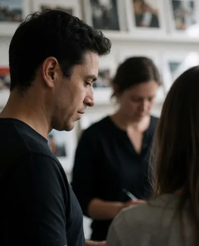 A professional photographer reviews photographs in a studio with prints on the walls and another person working in the background.