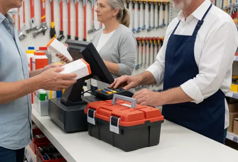 A cashier at a hardware store counter selling tools to a customer with tools hanging on the wall in the background