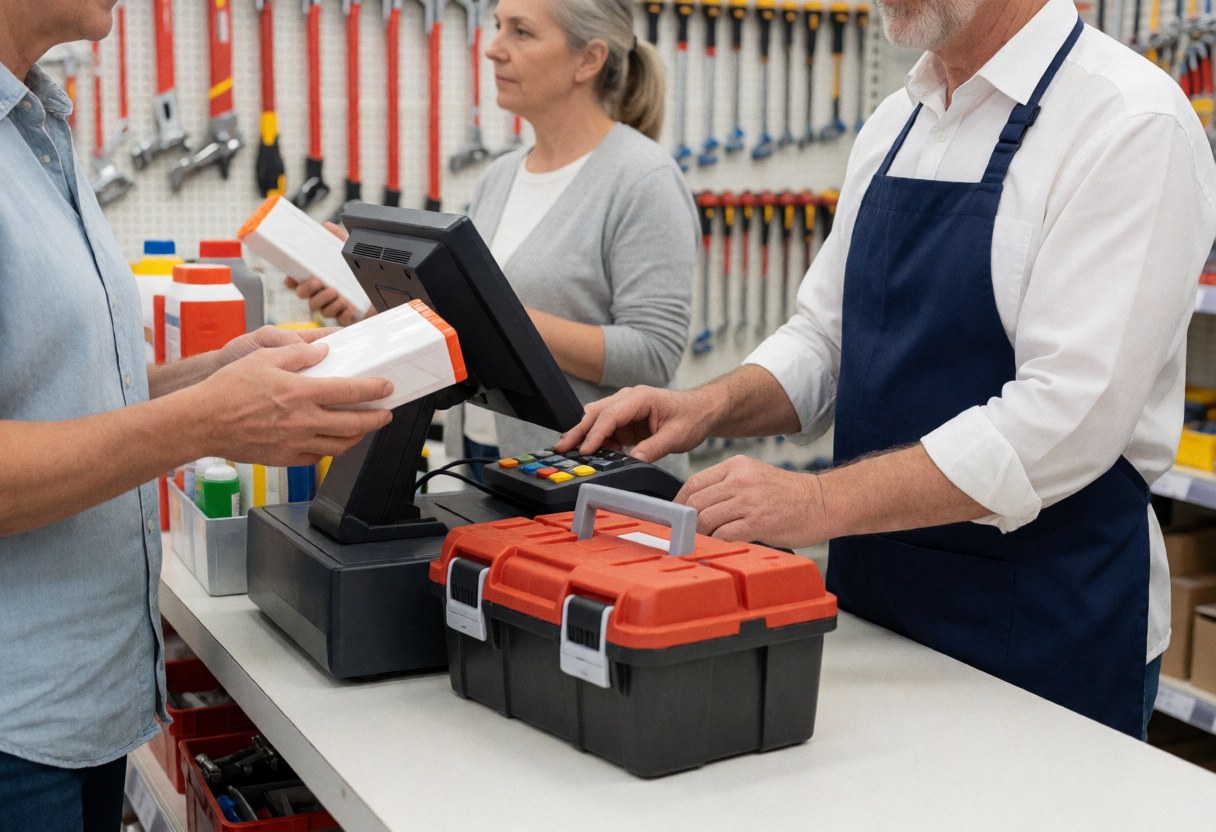 A cashier at a hardware store counter selling tools to a customer with tools hanging on the wall in the background