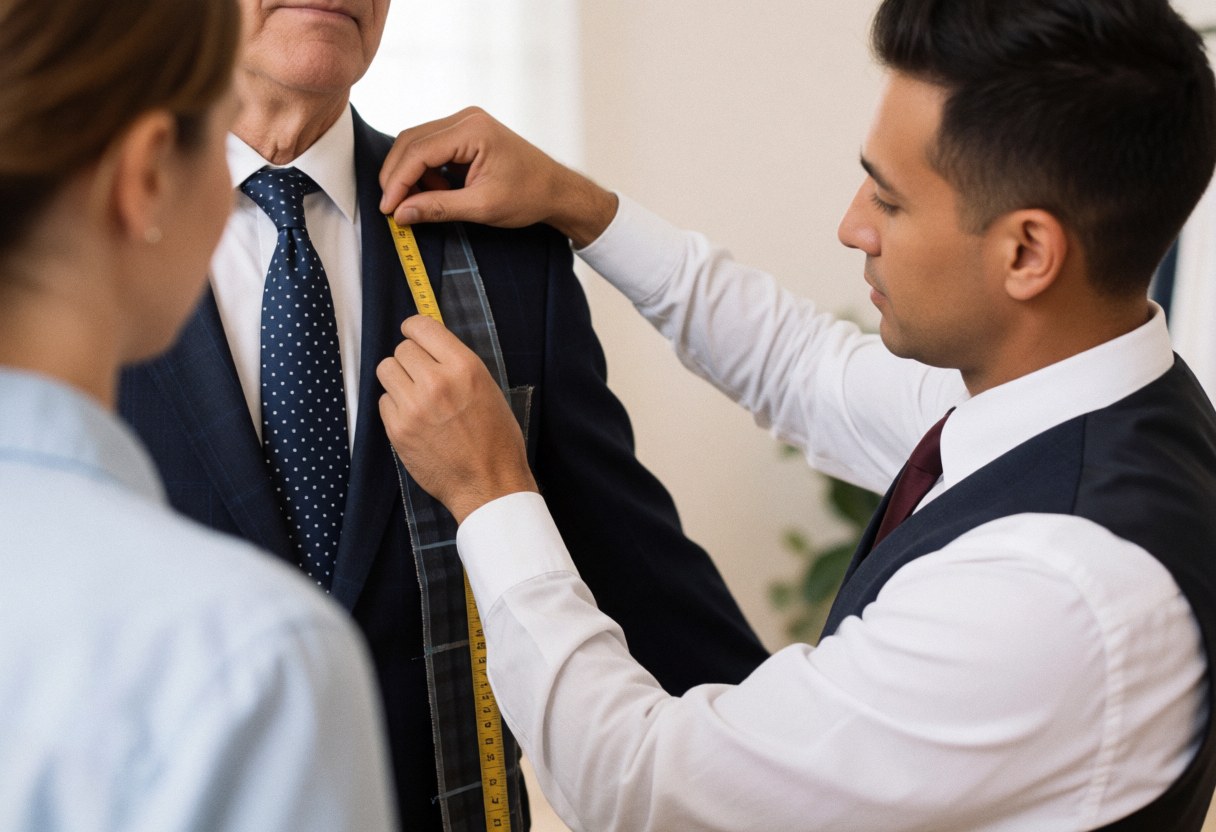 A tailor uses a measuring tape to fit a suit for a customer while another client watches the process in a clothing store.