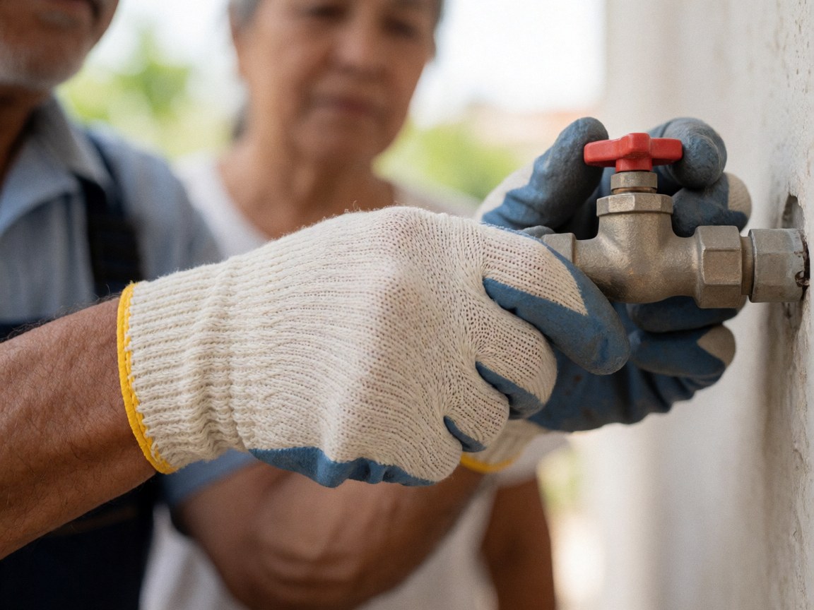 A plumber wearing gloves adjusts a water valve on an exterior wall with natural light and a blurred background.