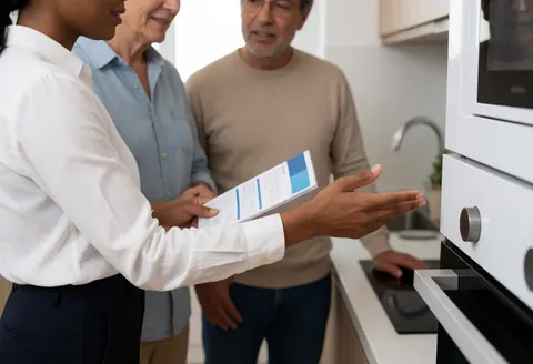A real estate professional points out kitchen appliances and design details to a couple during a home viewing service