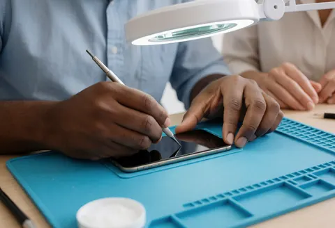 Close-up view of hands using precision tools to repair a cracked smartphone screen on a workbench with magnifying glass and equipment
