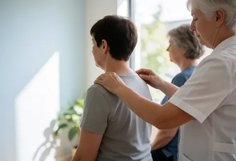Therapist performing a shoulder massage on a client in a bright modern spa with natural light.