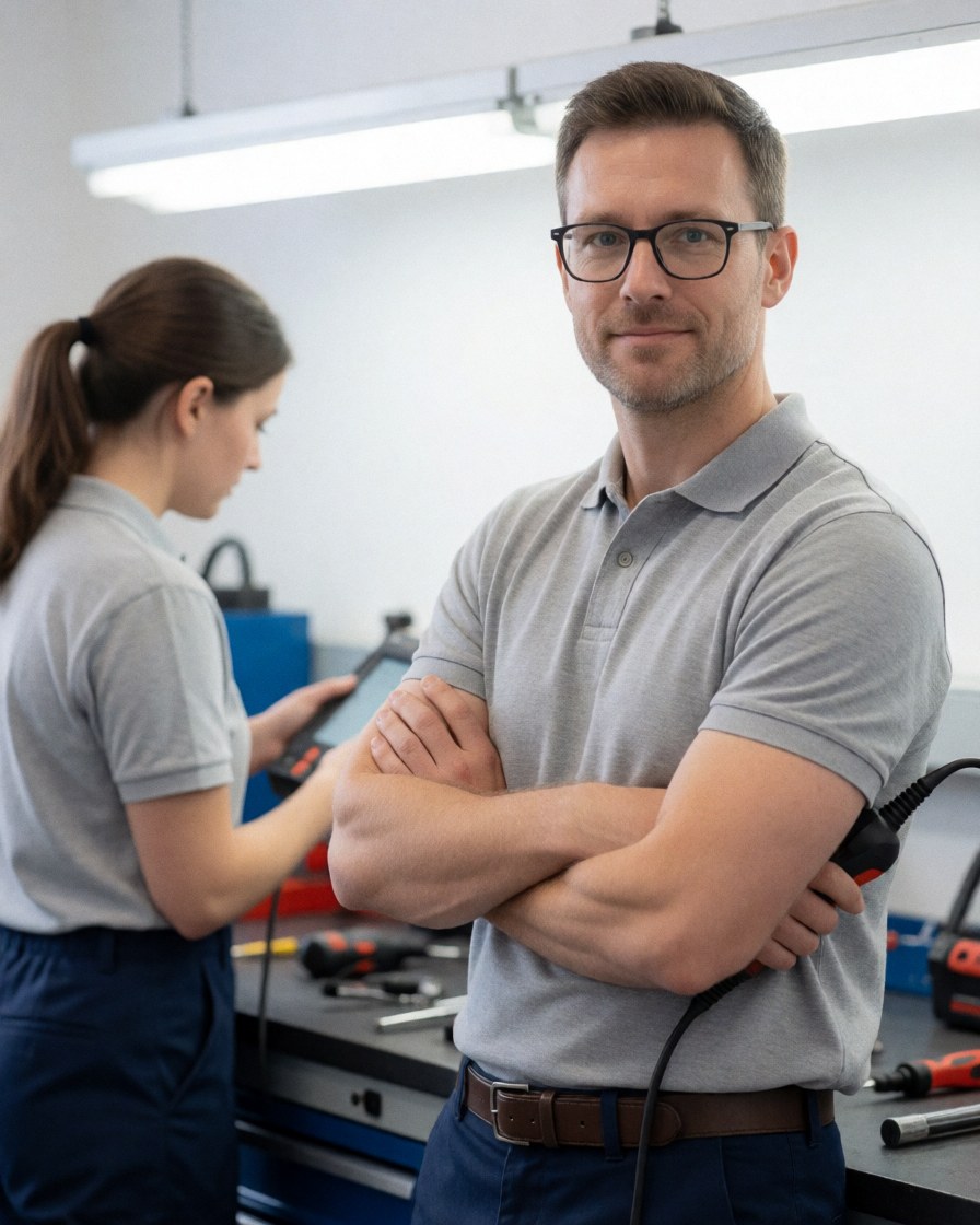 A male technician wearing glasses and a polo shirt holds a diagnostic tool in a fluorescent-lit workshop while a woman works with a tablet in the background.