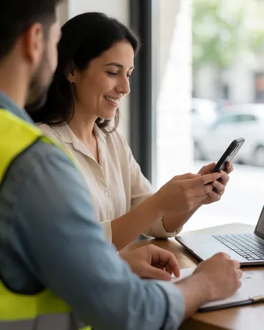 Smiling woman checks phone for delivery update at cafe table with laptop and papers near window