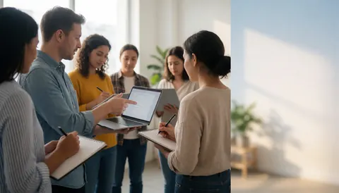 Group of adults in a modern co-working space taking notes and looking at a computer with morning natural light and text space
