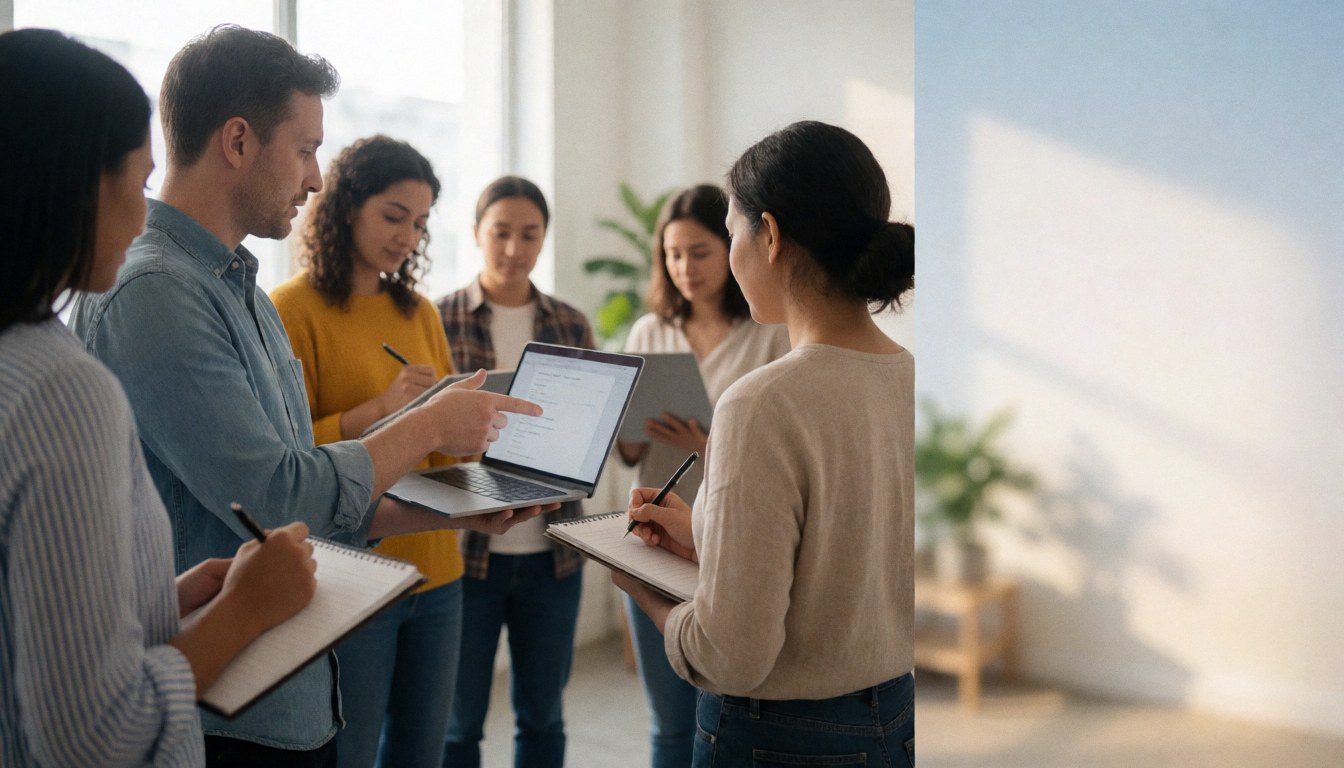 Group of adults in a modern co-working space taking notes and looking at a computer with morning natural light and text space