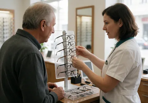 An optician helps a customer select and fit eyeglasses in an optical store.