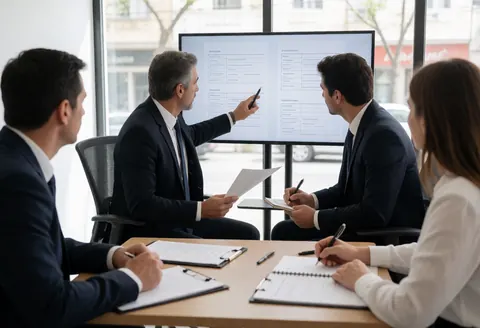 Four professionals review documents and a large screen during a business meeting in a modern office with natural light from the window.