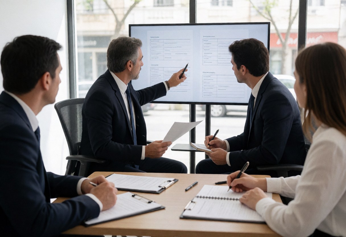 Four professionals review documents and a large screen during a business meeting in a modern office with natural light from the window.