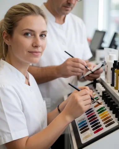 A professional hair colorist mixing hair dye in a salon studio, focusing on precision and care for clients.