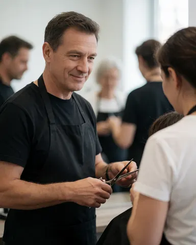 A male hairdresser in a black apron cuts a client's hair with scissors while other staff work in the background of the salon.