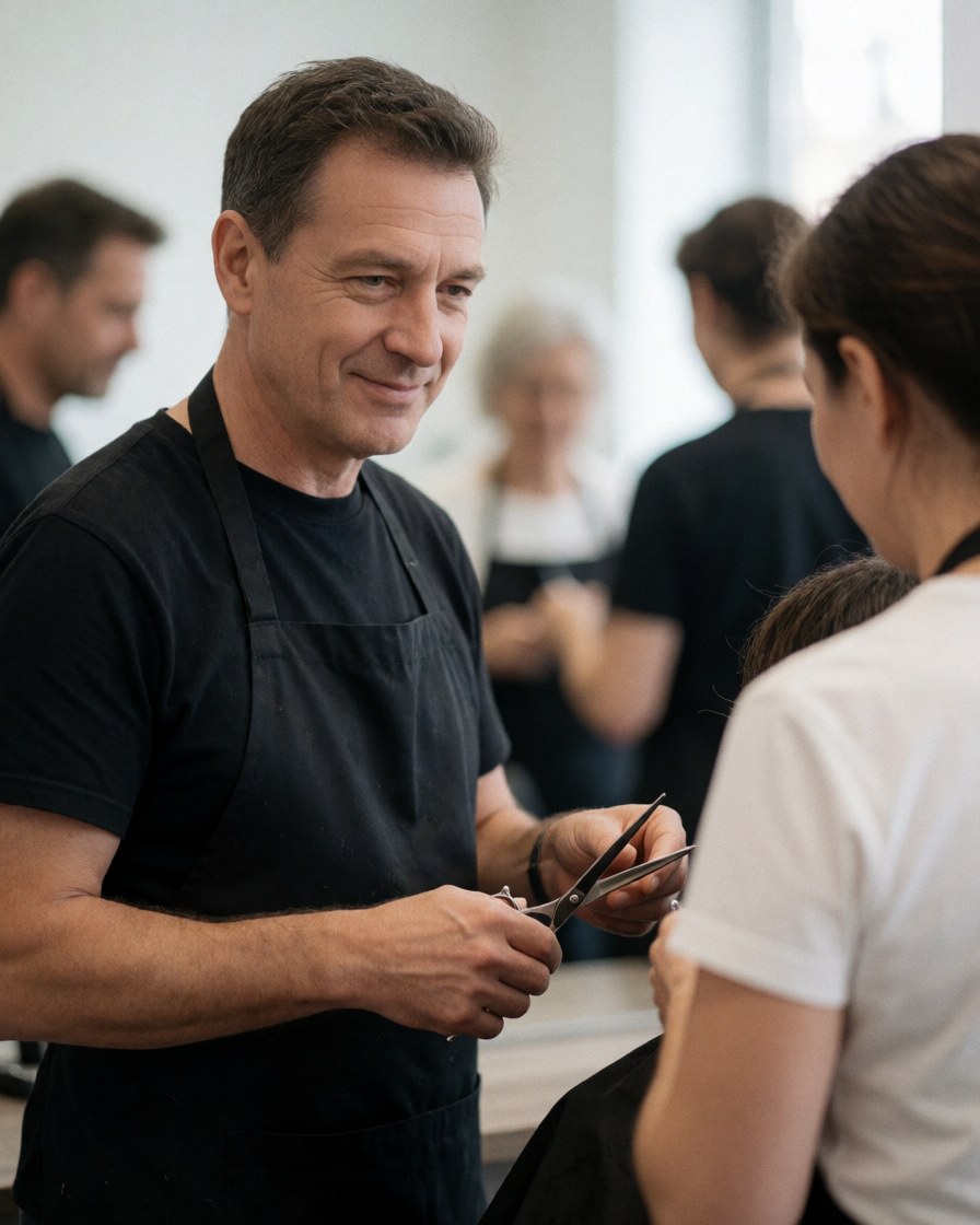 A male hairdresser in a black apron cuts a client's hair with scissors while other staff work in the background of the salon.