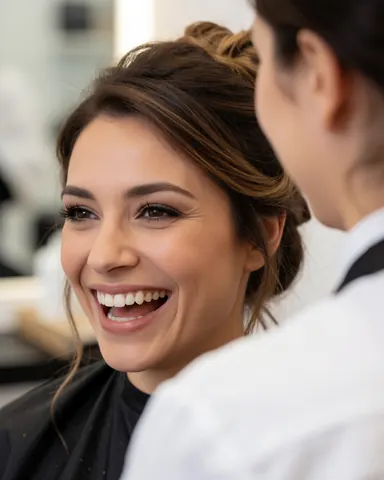 Smiling woman with styled hair receiving final touches from a hairdresser in a bright salon with blurred background