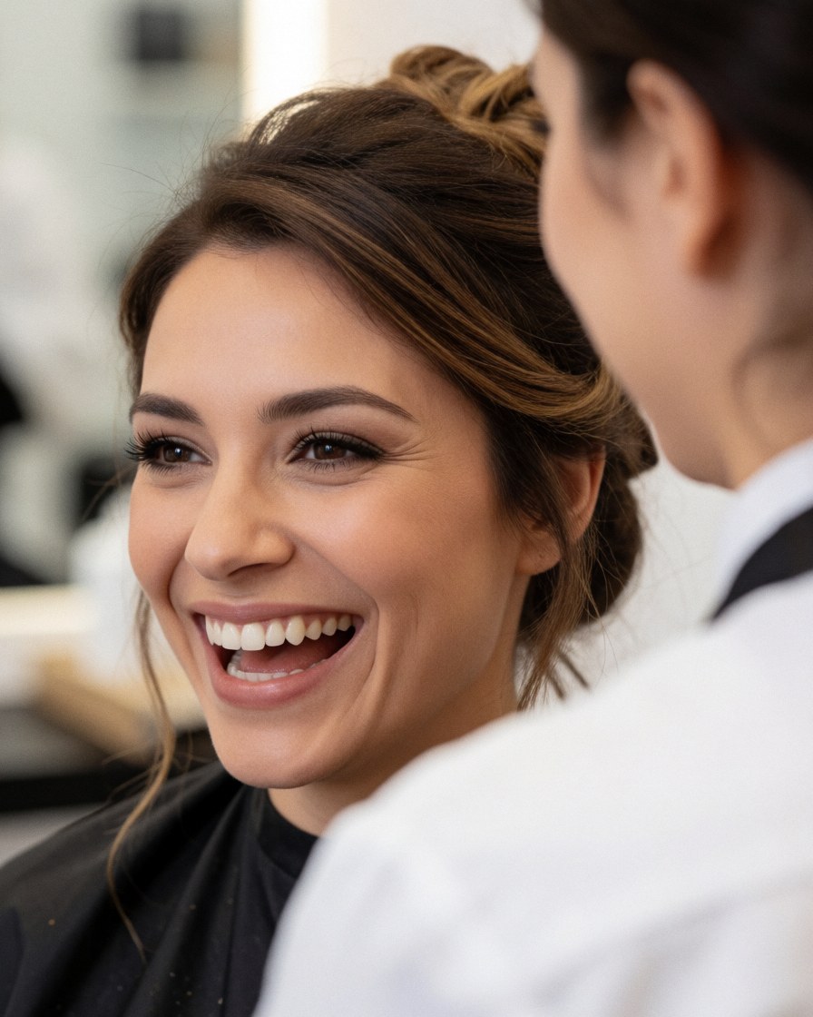 Smiling woman with styled hair receiving final touches from a hairdresser in a bright salon with blurred background