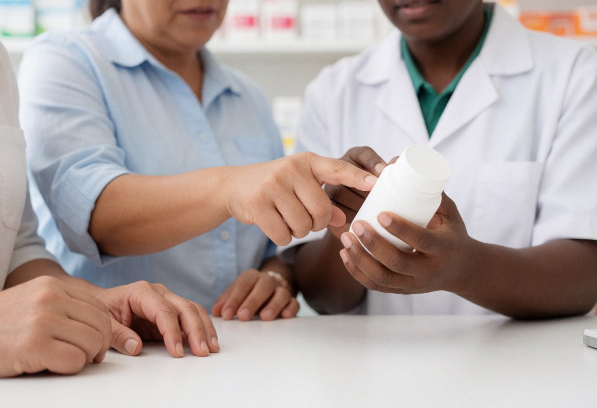 A pharmacy professional holding a medicine bottle and explaining its use to a client in a retail setting