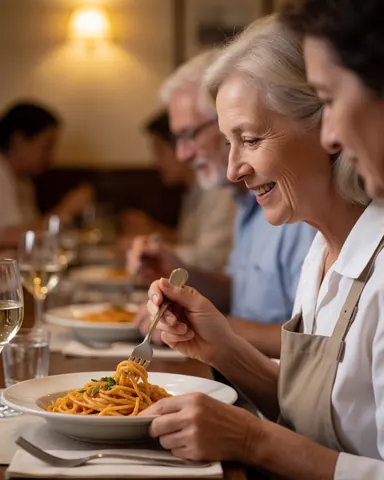 A smiling woman enjoys a pasta meal at a restaurant table with wine, set in a warm and inviting dining atmosphere.