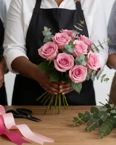 A florist carefully assembling a beautiful bouquet of roses and eucalyptus on a wooden table using scissors and pink ribbon