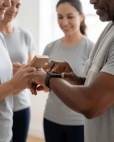 A man checks his smartwatch in a bright pilates studio while smiling people relax in the background