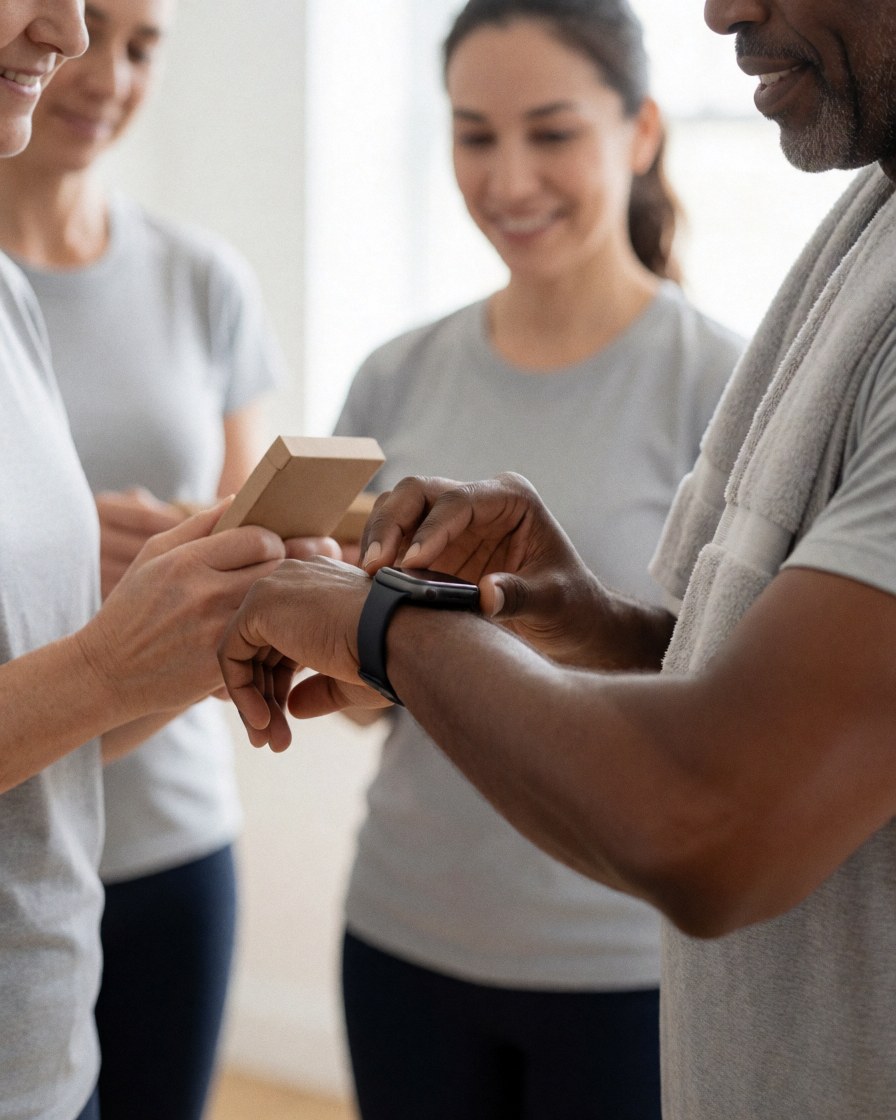 A man checks his smartwatch in a bright pilates studio while smiling people relax in the background