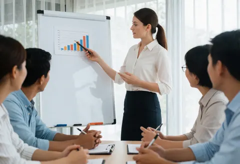 A professional trainer stands in front of a whiteboard presenting a workshop to a group of attentive participants in a bright office setting.