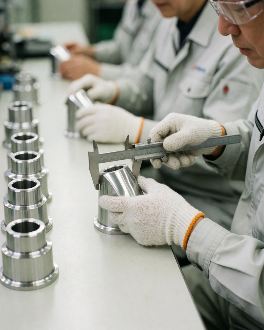 A factory inspector measures a metal component using a caliper while wearing safety gloves and glasses on a clean workbench with aligned parts.