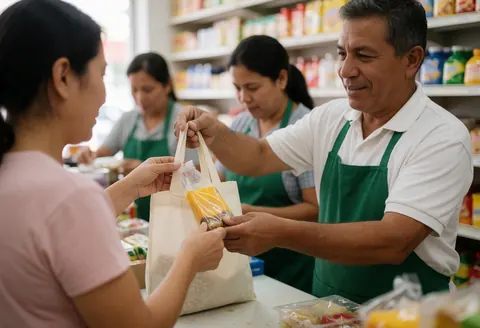 A clerk hands a bag of groceries to a customer in a minimarket while other staff work in the background.
