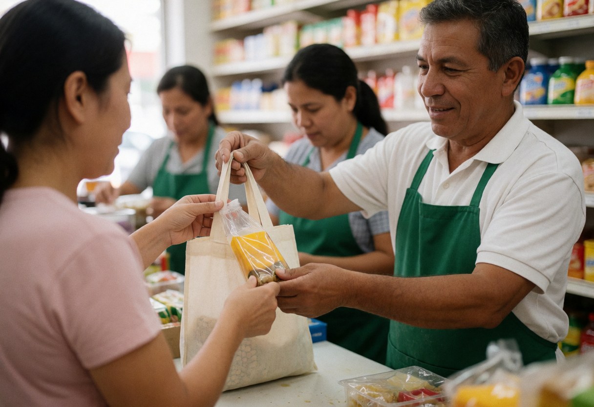 A clerk hands a bag of groceries to a customer in a minimarket while other staff work in the background.
