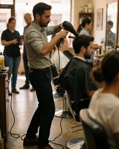 A male stylist uses a hair dryer on a client's hair inside a modern salon with mirrors and lighting