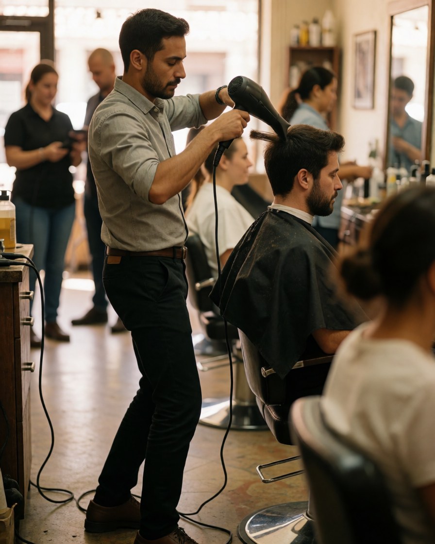 A male stylist uses a hair dryer on a client's hair inside a modern salon with mirrors and lighting