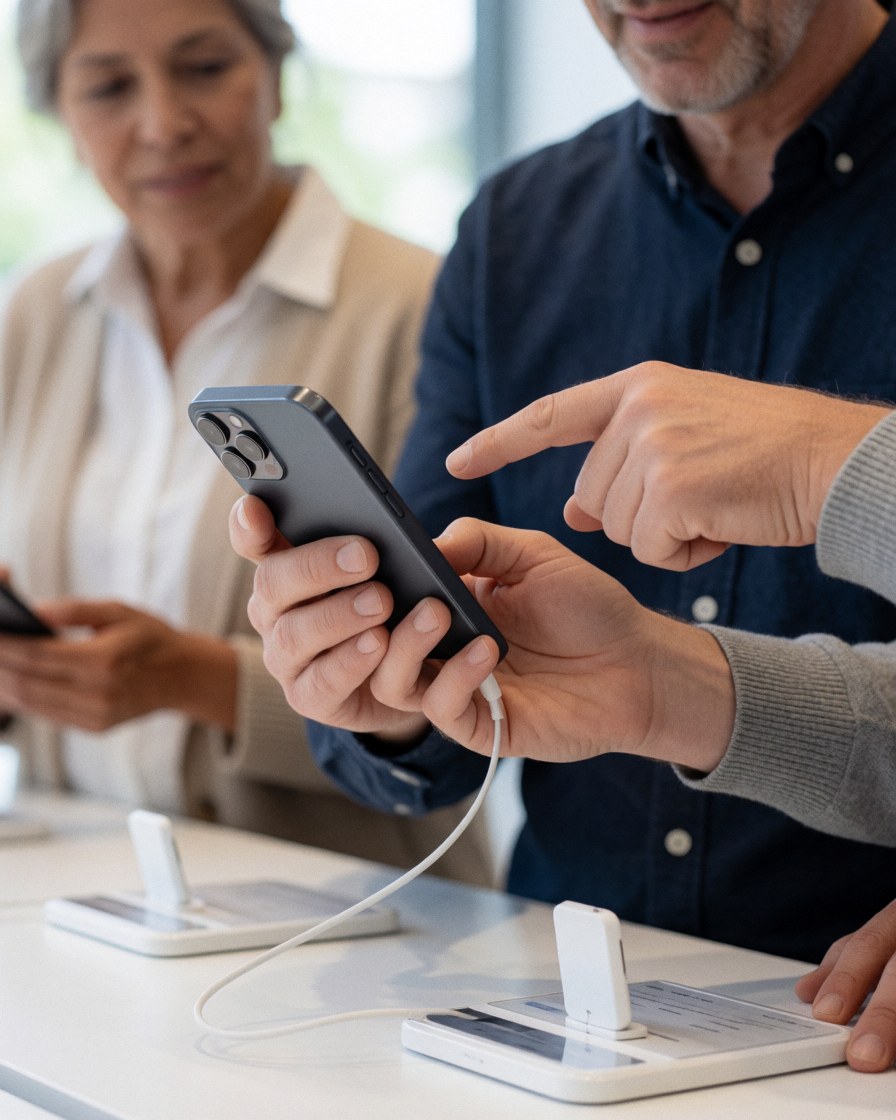 Close-up of a store assistant's hand holding a smartphone connected to a charging cable while demonstrating features to a customer in a modern electronics shop.