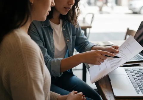 A business consultant reviews and explains a contract document to a client during a professional meeting at a table with a laptop and coffee.