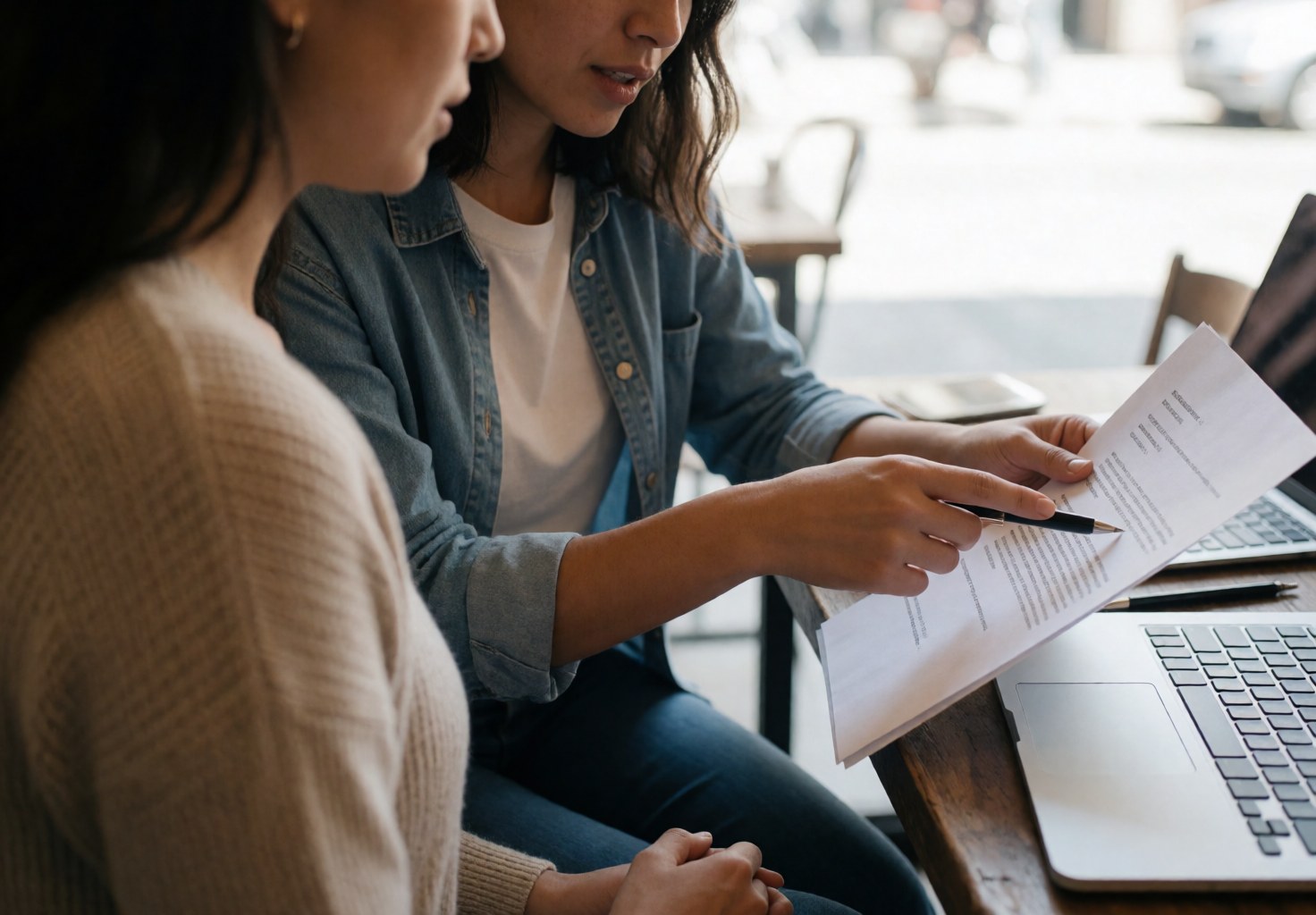 A business consultant reviews and explains a contract document to a client during a professional meeting at a table with a laptop and coffee.