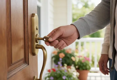Close-up of an adult hand inserting a key into a wooden door lock with a bronze handle, set against a blurred garden background with plants and bright sunlight.